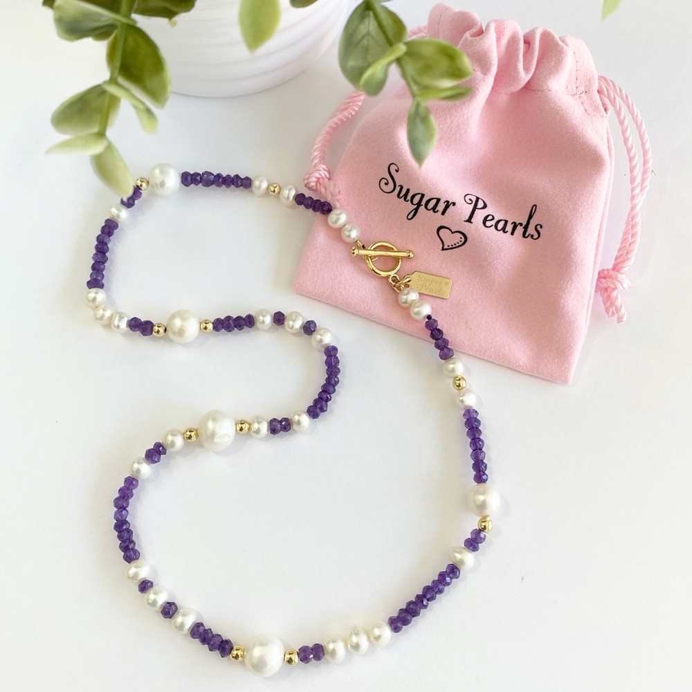 Freshwater Pearl, Amethyst & 14K Gold Necklace - Picture 2 of 7